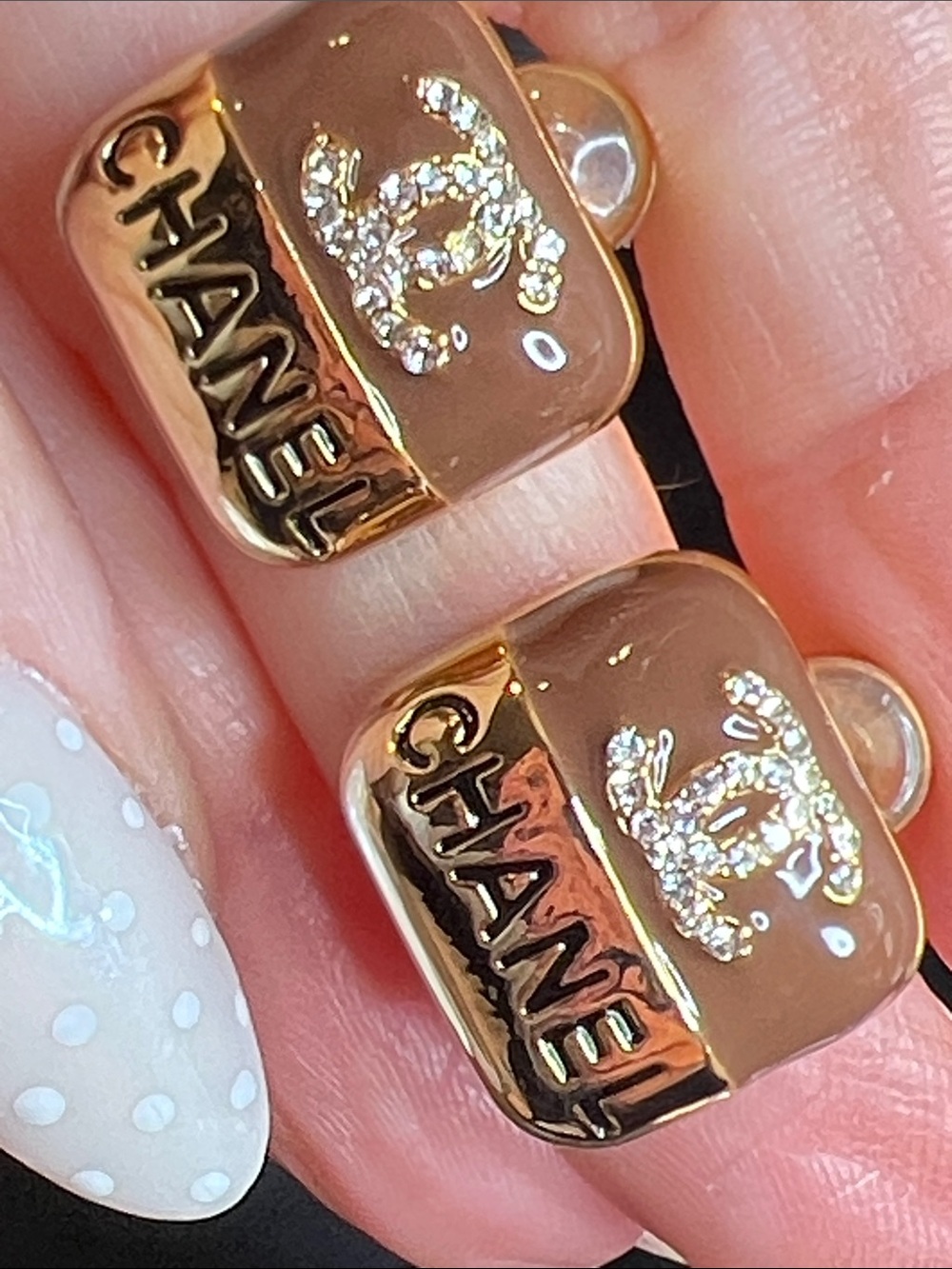 Brown Enamel and Gold C Crystal Logo Stud Earrings